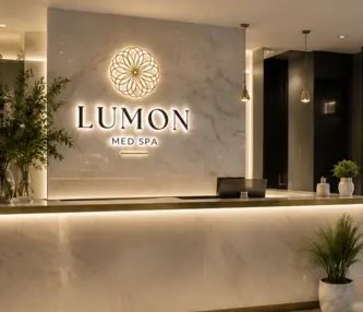 Recepción de Lumon Med Spa, con el emblema iluminado sobre mármol